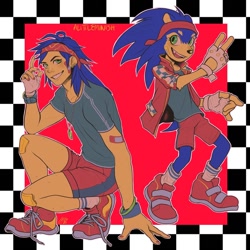 Size: 1500x1500 | Tagged: safe, artist:alittleminish, sonic the hedgehog, human, 2021, backwards v sign, bandaid, beanbrows, bracelet, clothes, duality, fingerless gloves, gloves, headscarf, humanized, jacket, looking at viewer, necklace, outline, posing, shirt, shoelaces, shoes, signature, smile, solo, species swap, v sign