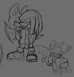 Size: 1173x1211 | Tagged: safe, artist:lunaliart, knuckles the echidna, rouge the bat, 2025, carrying them, dubious consent, duo, eyes closed, flying, frown, grey background, heart, kiss, kiss on cheek, knuxouge, line art, monochrome, shipping, simple background, smile, standing, straight, sweatdrop