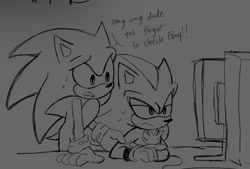 Size: 1350x911 | Tagged: safe, artist:lunaliart, shadow the hedgehog, sonic the hedgehog, 2025, computer, computer mouse, dialogue, duo, english text, five nights at freddy's, frown, gaming, gay, grey background, line art, looking at something, monochrome, shadow x sonic, shipping, simple background, sweatdrop, table, text