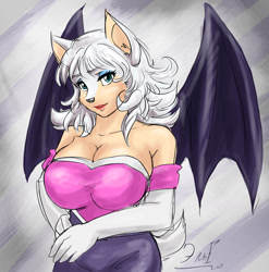 Size: 1012x1026 | Tagged: safe, artist:krazyelf, rouge the bat, 2014, busty rouge, cleavage, eyebrow clipping through hair, gradient background, hand on hip, looking at viewer, signature, smile, solo, standing