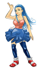 Size: 822x1400 | Tagged: safe, artist:krazyelf, sonic the hedgehog, human, 2014, cleavage, gender swap, humanized, looking at viewer, shirt, signature, simple background, skirt, smile, solo, species swap, standing, stockings, v sign, white background