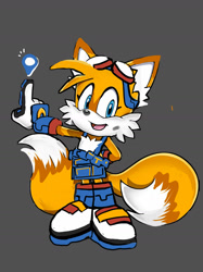Size: 1280x1707 | Tagged: safe, artist:sour-sprite, editor:sour-sprite, miles "tails" prower, 2025, alternate outfit, clothes, edit, eyelashes, eyewear on head, fur markings, gloves, goggles, goggles on head, grey background, mouth open, open smile, overalls, pointing, redesign, shoes, simple background, smile, standing, white shoes