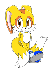Size: 1036x1417 | Tagged: safe, artist:shadowy-viper, oc, oc:sky prower, fox, hybrid, rabbit, 2015, blue shoes, brown eyes, fankid, hands behind back, looking at viewer, male, oc only, parent:cream, parent:tails, parents:taiream, shoes, simple background, smile, solo, sonic x style, standing, standing on one leg, style emulation, treads, two tails, white background, yellow fur
