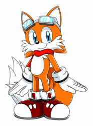 Size: 1280x1732 | Tagged: safe, artist:shadowy-viper, oc, oc:nimbus prower, fox, 2020, blue eyes, eyewear on head, fankid, gloves, goggles, goggles on head, looking at viewer, not tails, oc only, orange fur, parent:cream, parent:tails, parents:taiream, red shoes, scarf, shoes, simple background, smile, socks, solo, sonic x style, standing, style emulation, two tails, white background