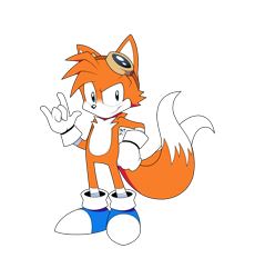 Size: 1280x1390 | Tagged: safe, artist:sarkenthehedgehog, miles "tails" prower, fox, 2020, black eyes, blue eyes, blue shoes, devil horns (gesture), eyewear on head, flat colors, gloves, goggles, goggles on head, hand on hip, looking at viewer, male, orange fur, redesign, shoes, simple background, socks, solo, standing, transparent background