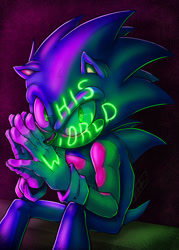 Size: 1024x1434 | Tagged: safe, artist:mikabiii, sonic the hedgehog, 2026, english text, gloves, glowing, hands together, his world, looking at viewer, sitting, solo, text