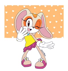 Size: 1147x1200 | Tagged: safe, artist:legacynebula, cream the rabbit, rabbit, 2025, abstract background, clothes, eyelashes, looking at viewer, mouth open, open smile, sandals, signature, smile, smiling at viewer, solo, standing, summer, swimsuit, wink, winking at viewer