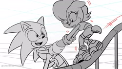 Size: 1920x1080 | Tagged: safe, artist:twincubcakes, sally acorn, sonic the hedgehog, chipmunk, hedgehog, 2026, blushing, duo, female, greyscale, holding another's hand, male, rail grinding, sally x sonic, sally's ringblader outfit, shipping, straight, watermark