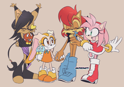 Size: 2633x1852 | Tagged: safe, artist:risziarts, amy rose, cheese (chao), cream the rabbit, nicole the hololynx, sally acorn, chao, chipmunk, hedgehog, lynx, rabbit, carrying them, child, female, friendship, group, holding hands, sally's vest and boots, simple background, smile