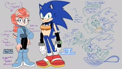 Size: 2048x1152 | Tagged: safe, artist:jubileenie, sally acorn, sonic the hedgehog, chipmunk, hedgehog, 2025, alternate universe, au:future sonally, baby, carrying them, character name, dialogue, duo focus, english text, female, goggles, grey background, hospital bed, kiss, kiss on cheek, male, older, pillow, pose, running, sally x sonic, shipping, simple background, speech bubble, standing, straight, trio