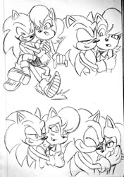 Size: 867x1232 | Tagged: safe, artist:chauvels, sally acorn, sonic the hedgehog, chipmunk, hedgehog, 2015, blushing, carrying them, duo, female, hugging, male, running, sally x sonic, sally's ringblader outfit, shipping, sketch, straight