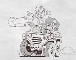 Size: 1280x1009 | Tagged: safe, artist:chauvels, amy rose, sally acorn, chipmunk, hedgehog, 2024, aiming, alternate outfit, clothes, driving, duo, female, jeep, redraw, suv, vehicle, weapon