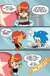 Size: 1252x1920 | Tagged: safe, artist:chauvels, sally acorn, sonic the hedgehog, chipmunk, hedgehog, 2022, burnt food, comic, dialogue, duo, english text, female, food, fridge, holding something, kitchen, male, plate, sally x sonic, sally's ringblader outfit, shipping, speech bubble, straight