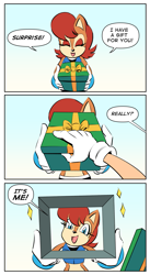 Size: 1049x1920 | Tagged: safe, artist:chauvels, sally acorn, sonic the hedgehog, chipmunk, hedgehog, 2024, comic, dialogue, duo, english text, female, gift box, male, sally x sonic, sally's ringblader outfit, shipping, simple background, sparkles, speech bubble, straight