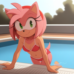Size: 1024x1024 | Tagged: safe, ai art, artist:dragonsoul2875, artist:stable diffusion webui, amy rose, 2026, belly button, bikini, cleavage, daytime, looking at viewer, midriff, outdoors, pool, smile, solo, standing, water