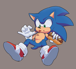 Size: 1278x1152 | Tagged: safe, artist:sonicfan2026, sonic the hedgehog, hedgehog, 2024, chili dog, food, grey background, holding something, looking at something, male, sauce, simple background, sitting, solo, tongue out, treads