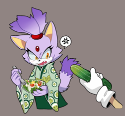 Size: 962x898 | Tagged: safe, artist:sonicfan2026, blaze the cat, sonic the hedgehog, cat, 2024, alternate outfit, blushing, bowl, clothes, cross popping vein, cucumber, duo, fangs, female, food, fork, grey background, holding something, kimono, looking at something, mouth open, salad, sharp teeth, simple background, solo focus, speech bubble, standing, tail fluff, vegetable