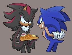 Size: 1075x815 | Tagged: safe, artist:sonicfan2026, shadow the hedgehog, sonic the hedgehog, hedgehog, 2024, duo, eyes closed, food, frown, grey background, hands behind back, lemon, looking at something, male, onion ring, sauce, simple background, smile, standing