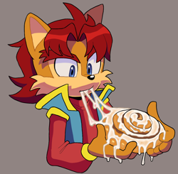 Size: 1080x1060 | Tagged: safe, artist:sonicfan2026, elias acorn, chipmunk, 2024, bun, cinnamon bun, eating, food, grey background, holding something, icing, looking at something, male, simple background, solo
