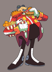 Size: 879x1212 | Tagged: safe, artist:sonicfan2026, robotnik, human, 2024, burger, chicken wing, eating, food, fried chicken, fries, grey background, hamburger, holding something, looking offscreen, male, milkshake, simple background, smile, soda, solo, standing
