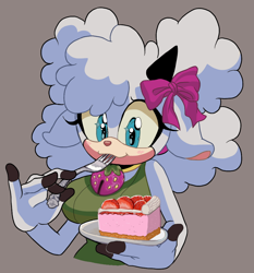 Size: 968x1040 | Tagged: safe, artist:sonicfan2026, lanolin the sheep, sheep, 2024, :3, cake, cute, eating, female, food, fork, fruit, grey background, lanolinabetes, looking at viewer, plate, simple background, smile, solo, sparkling eyes, strawberry