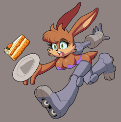 Size: 1065x1077 | Tagged: safe, artist:sonicfan2026, bunnie rabbot, rabbit, 2024, busty bunnie, cake, carrot, carrot cake, cleavage, cybernetic, female, food, grey background, looking offscreen, mouth open, plate, running, simple background, solo, vegetable