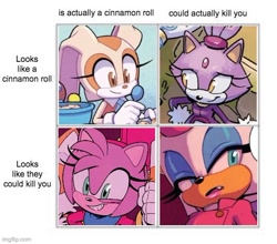 Size: 532x469 | Tagged: safe, amy rose, blaze the cat, cream the rabbit, rouge the bat, cinnamon roll (meme), english text, female, group, meme, simple background, text, white background