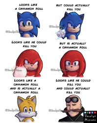 Size: 735x926 | Tagged: safe, artist:jocelynminions, knuckles the echidna, miles "tails" prower, robotnik, sonic the hedgehog, human, sonic the hedgehog 2 (2022), bust, cinnamon roll (meme), electricity, english text, frown, male, meme, simple background, smile, team sonic, text, trio, white background