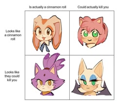 Size: 736x647 | Tagged: safe, artist:lazyp_z, amy rose, blaze the cat, cream the rabbit, rouge the bat, 2023, amybetes, blazebetes, blushing, cinnamon roll (meme), creamabetes, cute, english text, female, frown, group, head only, lidded eyes, looking at viewer, meme, rougabetes, simple background, smile, text, white background
