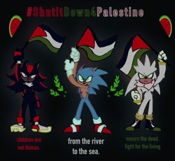 Size: 1024x942 | Tagged: safe, artist:underratedjuice, shadow the hedgehog, silver the hedgehog, sonic the hedgehog, 2025, black background, country flag, english text, flag, flat colors, food, free palestine, frown, fruit, holding something, looking at viewer, palestine flag, positivity, scar, simple background, standing, text, top surgery scars, trans boy shadow, trans boy silver, trans boy sonic, trans male, trio, watermelon