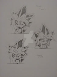 Size: 1024x1366 | Tagged: safe, artist:sonar15, hedgehog, 2018, alternate universe, barely sonic related, crossover, deviantart watermark, english text, expression sheet, frown, line art, looking offscreen, mobianified, monochrome, obtrusive watermark, pencilwork, signature, simple background, sketch, smile, solo, text, traditional media, watermark, yu-gi-oh!, yugi mutou