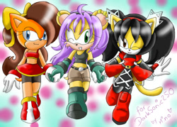 Size: 768x549 | Tagged: safe, artist:mino-the-cat, honey the cat, mina mongoose, tiara boobowski, 2011, holding hands, looking at viewer, mouth open, signature, smile, trio, walking, wink