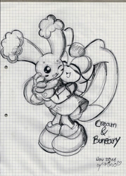 Size: 900x1257 | Tagged: safe, artist:mino-the-cat, cream the rabbit, 2011, buneary, creamabetes, crossover, cute, duo, english text, eyes closed, holding them, line art, looking at them, mouth open, one eye closed, open smile, penwork, pokemon, signature, sketch, smile, standing, text, traditional media