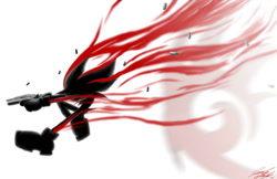 Size: 1024x663 | Tagged: safe, artist:toughset, shadow the hedgehog, 2010, bullet, falling, gun, holding something, mid-air, shadow's logo, silhouette, simple background, solo, spot color, trail, white background