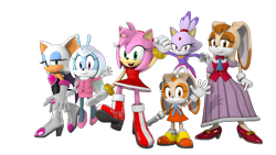 Size: 3840x2160 | Tagged: safe, artist:tppercival, amy rose, blaze the cat, cream the rabbit, jewel the beetle, rouge the bat, vanilla the rabbit, 2026, 3d, group, looking at viewer, mid-air, simple background, smile, standing, transparent background, women's day