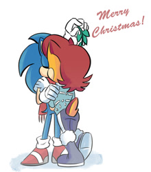 Size: 949x1080 | Tagged: safe, artist:chauvels, sally acorn, sonic the hedgehog, chipmunk, hedgehog, 2017, alternate outfit, christmas, clothes, duo, english text, female, holding something, kiss, male, pants, sally x sonic, scarf, shipping, straight, sweater