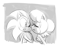 Size: 1280x979 | Tagged: safe, artist:chauvels, sally acorn, sonic the hedgehog, chipmunk, hedgehog, 2024, duo, female, looking at each other, male, sally x sonic, sally's ringblader outfit, shipping, sketch, straight