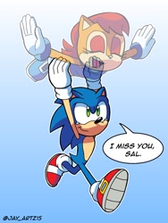 Size: 768x1024 | Tagged: safe, artist:jay_artz15, sally acorn, sonic the hedgehog, chipmunk, hedgehog, 2024, dialogue, english text, female, ghost, male, running, sally x sonic, sally's ringblader outfit, shipping, solo, speech bubble, straight, tears, tears of sadness