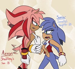 Size: 2048x1865 | Tagged: safe, artist:kadecreate, sonia acorn, oc, oc:aeron the hedgehog, hedgehog, 2025, abstract background, amy x shadow, argument, character name, english text, fankid, female, male, parent:amy, parent:sally, parent:shadow, parent:sonic, pointing, sally x sonic, vest