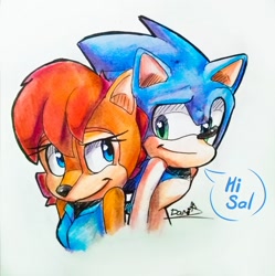 Size: 1274x1280 | Tagged: safe, artist:dariidraws, sally acorn, sonic the hedgehog, chipmunk, hedgehog, 2019, bust, dialogue, duo, english text, female, looking at each other, male, sally x sonic, sally's ringblader outfit, shipping, speech bubble, straight, traditional media