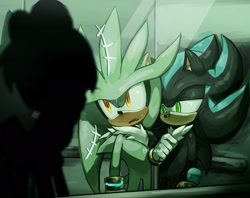 Size: 2048x1623 | Tagged: safe, artist:makkiy_0, mephiles the dark, silver the hedgehog, hedgehog, 2026, duo, gay, indoors, mephilver, mephilver week, mouth open, shadow (lighting), shipping, standing, talking