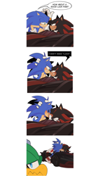 Size: 2352x4113 | Tagged: safe, artist:tenderandmilder, jet the hawk, shadow the hedgehog, sonic the hedgehog, anonymous editor, blushing, car, comic, dialogue, edit, english text, gay, grabbing, holding each other, kiss, shadow x sonic, shipping, sonic racing crossworlds, stitched, text, third wheel, trio, vehicle