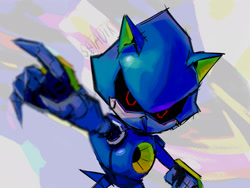 Size: 2048x1536 | Tagged: safe, artist:setaotk, metal sonic, 2025, black sclera, looking at viewer, pointing, robot, solo, sonic racing crossworlds
