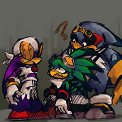 Size: 640x640 | Tagged: safe, artist:pemmestacio, jet the hawk, storm the albatross, wave the swallow, bird, 2026, babylon rogues, confused, gradient background, looking at each other, looking at them, question mark, standing, sunglasses, trio