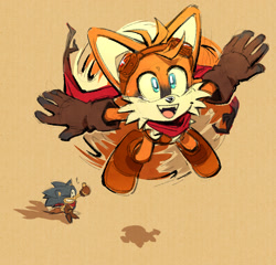 Size: 1404x1346 | Tagged: safe, artist:candycatstuffs, miles "tails" prower, sonic the hedgehog, 2026, alternate outfit, alternate universe, arms out, au:cowboy, beige background, brown gloves, brown shoes, clothes, cowboy outfit, duo, flying, from above, goggles, goggles on head, looking at them, looking offscreen, looking up, looking up at them, mid-air, mouth open, open smile, scarf, simple background, smile, solo focus, spinning tails, thumbs up, wink