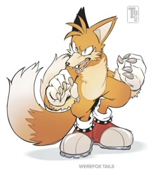 Size: 818x907 | Tagged: safe, artist:thatbirdguy_, miles "tails" prower, character name, claws, english text, fangs, looking offscreen, mouth open, sharp teeth, simple background, solo, standing, text, were form, werefox, white background