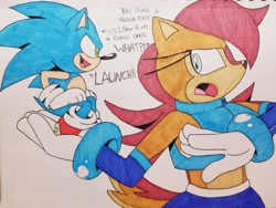 Size: 2048x1536 | Tagged: safe, artist:tvict101, sally acorn, sonic the hedgehog, chipmunk, hedgehog, 2021, alternate universe, carrying them, dialogue, duo, english text, female, macro, male, sally x sonic, sally's ringblader outfit, shipping, simple background, straight, traditional media, white background