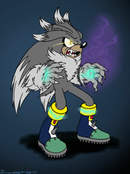 Size: 1024x1366 | Tagged: safe, artist:shadehedgie77, silver the hedgehog, 2015, fangs, flat colors, glowing, glowing eyes, gradient background, looking offscreen, mouth open, sharp teeth, solo, standing, were form, werehog