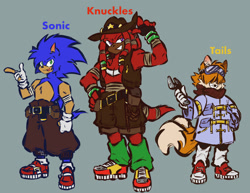 Size: 1280x990 | Tagged: safe, artist:chibiuniverse2020, knuckles the echidna, miles "tails" prower, sonic the hedgehog, echidna, fox, hedgehog, sonic heroes, 2025, alternate hairstyle, alternate outfit, alternate universe, bandage, bandana, belt, character name, clenched teeth, clothes, coat, fingerless gloves, flat colors, gilet, goggles, grey background, hair over eyes, hat, holding something, knuckles' hat, leg warmers, male, males only, missing tooth, pants, pointing, redesign, scarf, shorts, simple background, smile, team sonic, text, topless, trio, trio male, wall of tags, wrench