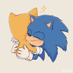 Size: 1200x1200 | Tagged: safe, artist:_nav_o, miles "tails" prower, sonic the hedgehog, fox, hedgehog, 2026, blushing, bust, cute, duo, eyes closed, grey background, hugging, movie style, simple background, smile, sonabetes, sparkles, tailabetes